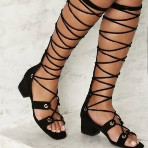 Jeffrey Campbell Bryndis Black Suede Leather Block Heel Lace-up Gladiator Sandal